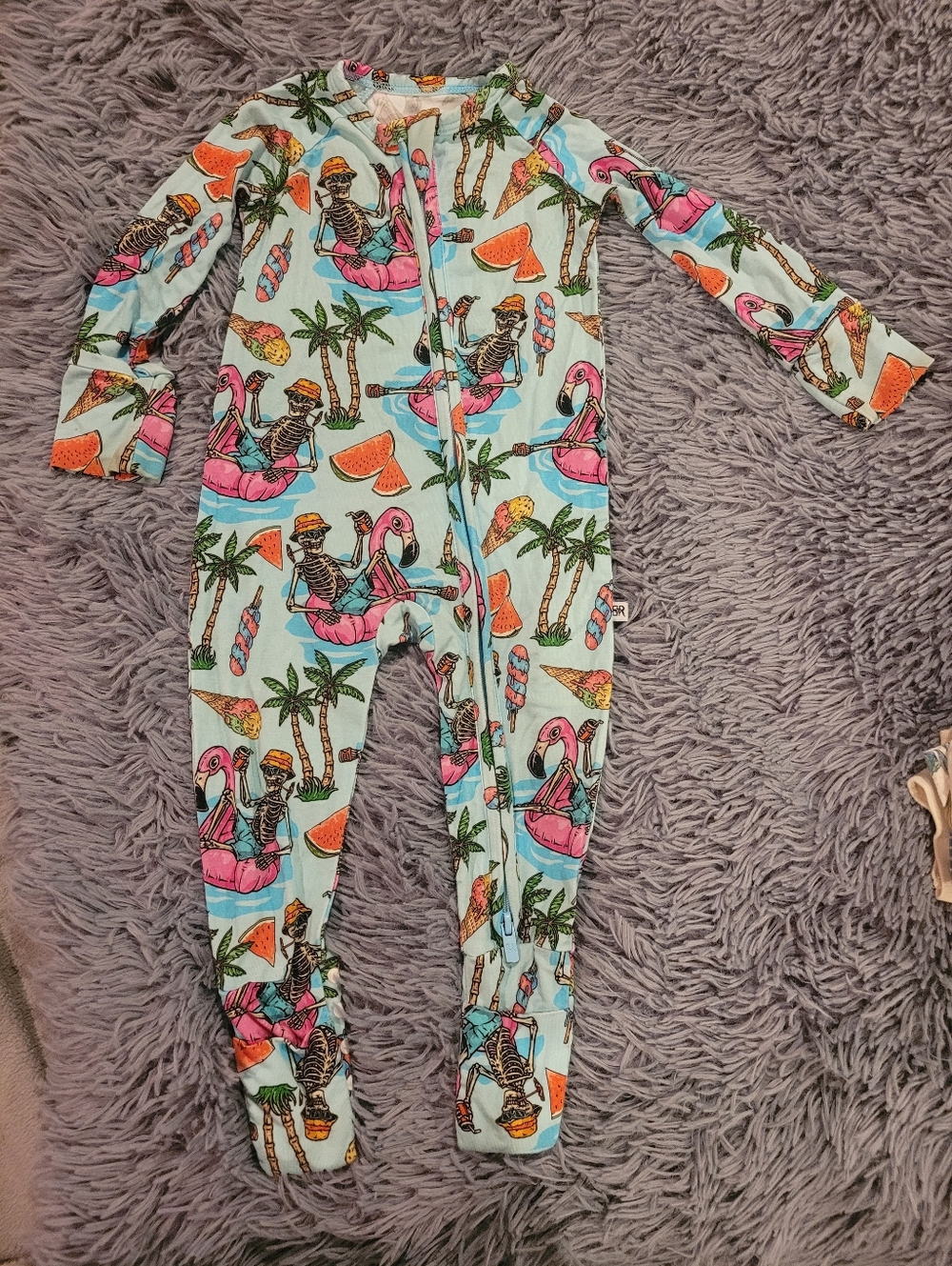Bums & Roses Tropical Flamingo Print Kids One-Piece Pajamas - Light Blue